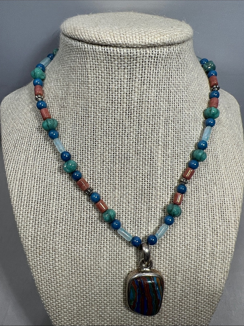 Turquoise & Blue Beaded Pendant Necklace with Multicolor Stone ,925 SS